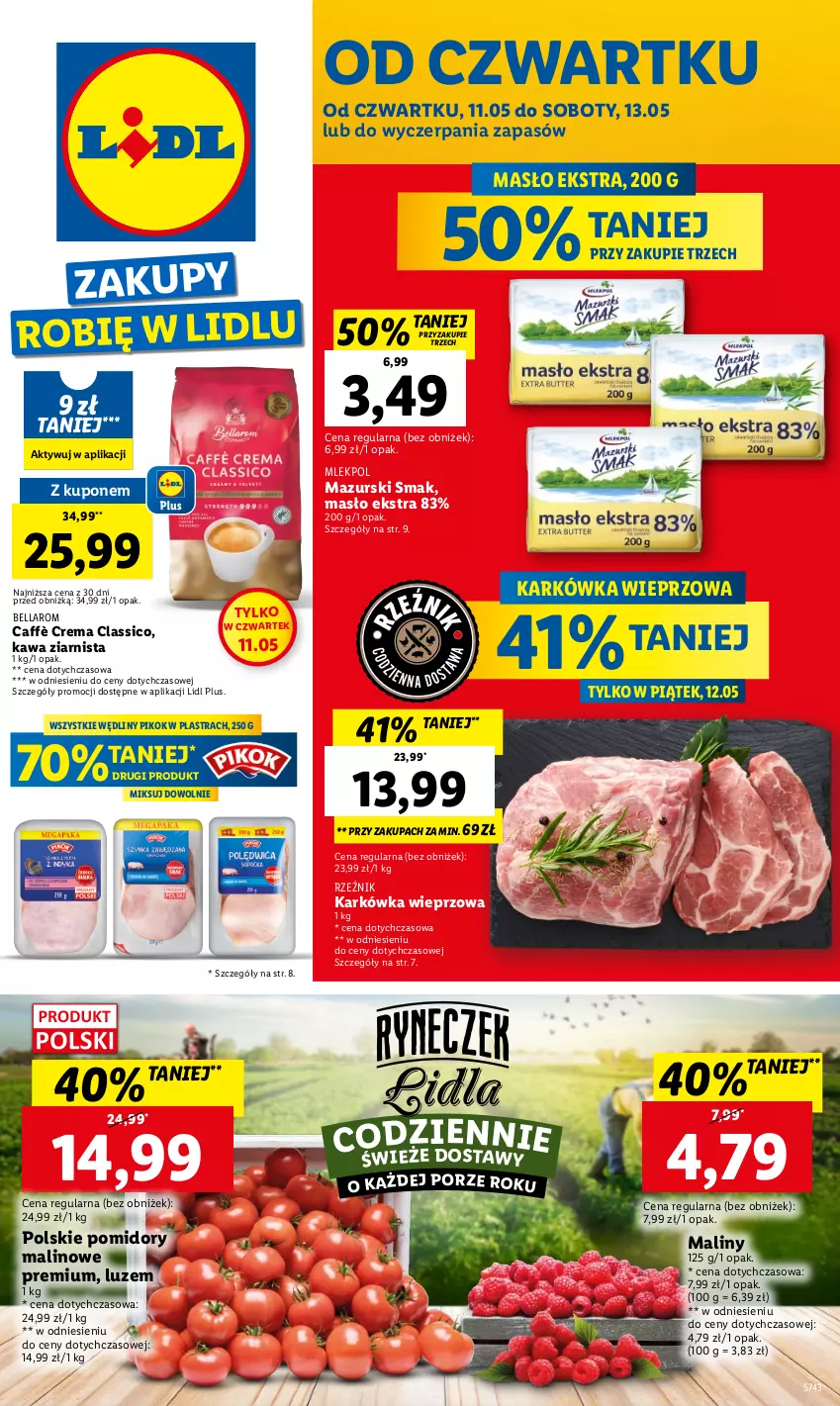 Gazetka promocyjna Lidl - GAZETKA - ważna 11.05 do 13.05.2023 - strona 1 - produkty: Bell, Bella, Karkówka wieprzowa, Kawa, Kawa ziarnista, Maliny, Masło, PIKOK, Pomidory, Por