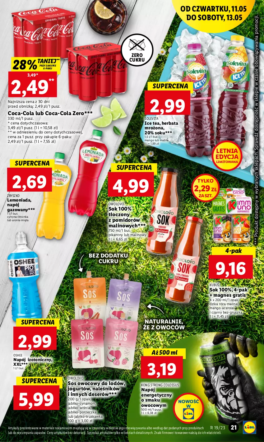 Gazetka promocyjna Lidl - GAZETKA - ważna 11.05 do 13.05.2023 - strona 25 - produkty: Acer, Aronia, Coca-Cola, Deser, Dzika róża, Gra, Herbata, Ice tea, Jogurt, Kubuś, Lemoniada, Limonka, Mango, Mięta, Napój, Napój energetyczny, Napój gazowany, Napój izotoniczny, Oshee, Por, Róża, Ser, Sok, Sos