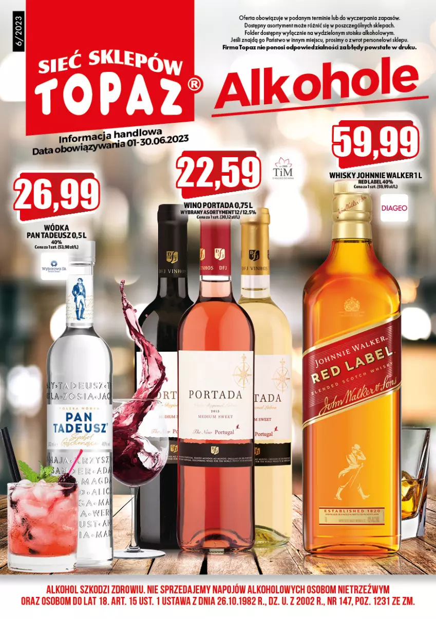 Gazetka promocyjna Topaz - Gazetka - ważna 01.06 do 30.06.2023 - strona 1 - produkty: Johnnie Walker, Por, Portada, Top, Whisky, Wino, Wódka