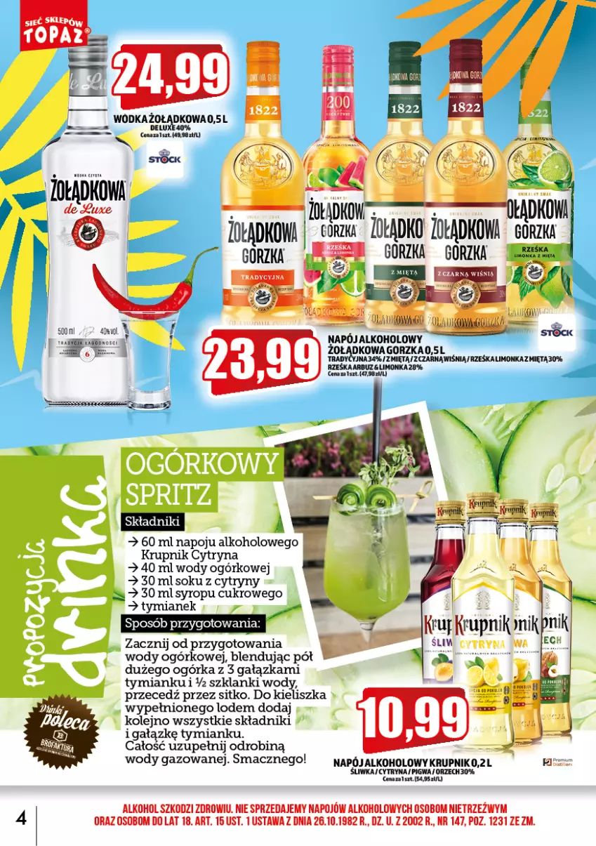 Gazetka promocyjna Topaz - Gazetka - ważna 01.06 do 30.06.2023 - strona 4 - produkty: Arbuz, Cytryny, Krupnik, Lanki, Limonka, Napój, Olej, Sitko, Sok, Syrop, Wódka