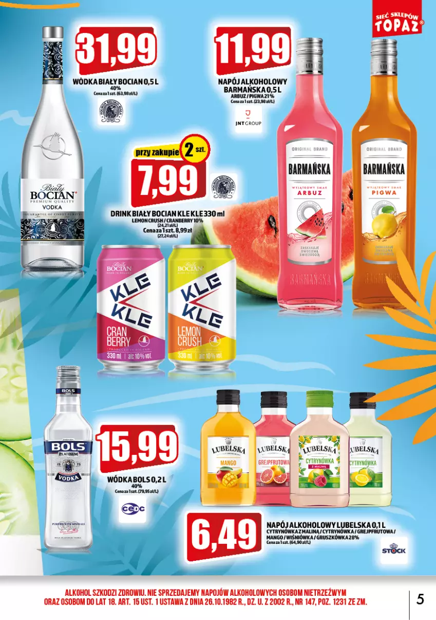 Gazetka promocyjna Topaz - Gazetka - ważna 01.06 do 30.06.2023 - strona 5 - produkty: Arbuz, Biały Bocian, Bols, Gra, Grejpfrut, Napój, Wódka