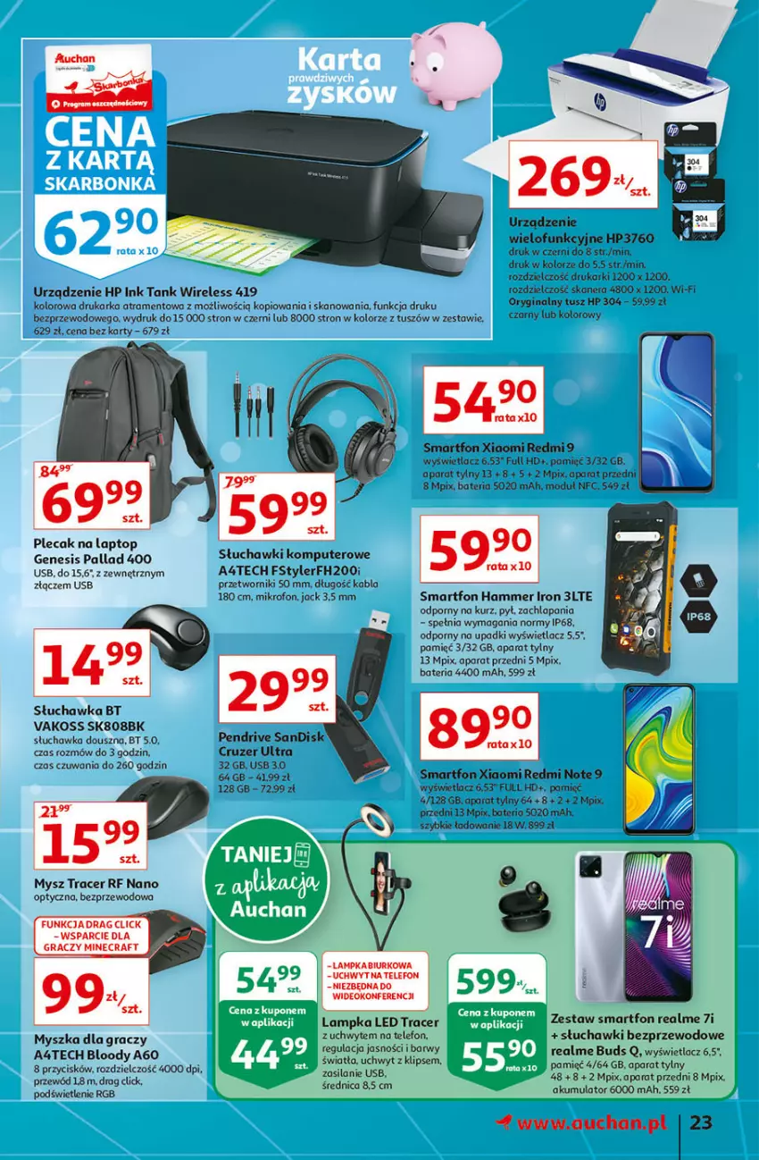 Gazetka promocyjna Auchan - Hiperoszczędzanie z aplikacją Auchan Hipermarkety - ważna 23.09 do 29.09.2021 - strona 23 - produkty: Acer, Akumulator, Bateria, Biurko, Drukarka, Drukarki, Gin, Gra, HP, Komputer, Mikrofon, Minecraft, Mysz, Pendrive, Plecak, Por, Redmi Note, Silan, Skaner, Słuchawki, Słuchawki bezprzewodowe, Smartfon, Telefon, Top, Tusz, Urządzenie wielofunkcyjne