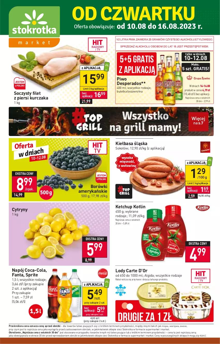 Gazetka promocyjna Stokrotka - Market - ważna 10.08 do 16.08.2023 - strona 1 - produkty: Algida, Coca-Cola, Cytryny, Desperados, Fa, Fanta, Filet z piersi kurczaka, Gra, Ketchup, Kiełbasa, Kiełbasa śląska, Kotlin, Kurczak, LG, Lody, Mięso, Napój, Owoce, Piwa, Piwo, Sok, Sokołów, Sprite, Warzywa