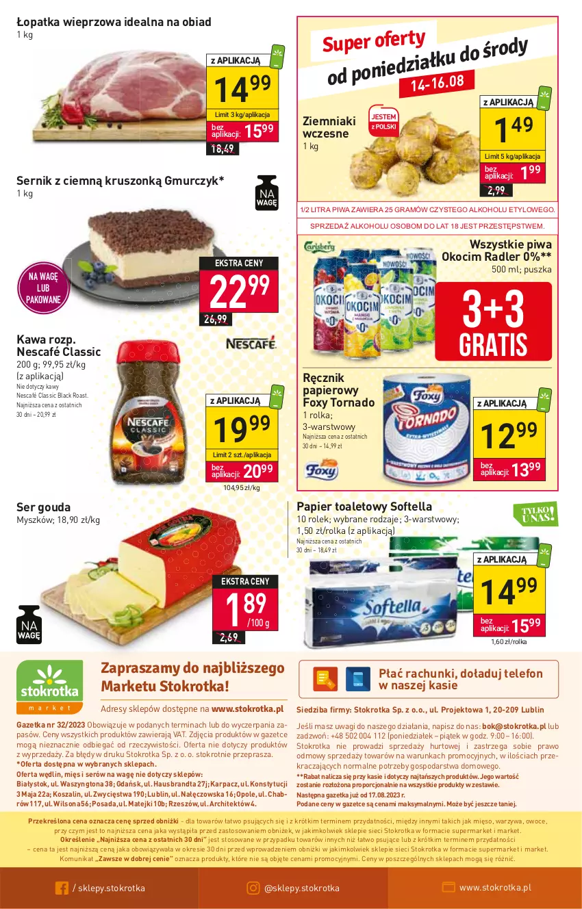 Gazetka promocyjna Stokrotka - Market - ważna 10.08 do 16.08.2023 - strona 12 - produkty: Foxy, Gouda, Gra, Karp, Kawa, Koc, Kosz, Lack, Mięso, Mysz, Nescafé, O nas, Okocim, Owoce, Papier, Papier toaletowy, Piwa, Por, Radler, Ręcznik, Ser, Szal, Telefon, Wagi, Warzywa, Wilson, Ziemniaki