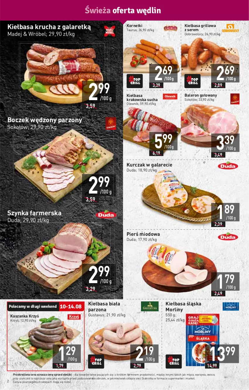 Gazetka promocyjna Stokrotka - Market - ważna 10.08 do 16.08.2023 - strona 2 - produkty: Boczek, Duda, Fa, Gala, Grill, HP, Kasza, Kaszanka, Kiełbasa, Kiełbasa biała, Kiełbasa krakowska, Kiełbasa krucha, Kiełbasa śląska, Kurczak, Mięso, Morliny, Olewnik, Owoce, Ser, Sok, Sokołów, Szynka, Szynka farmerska, Warzywa