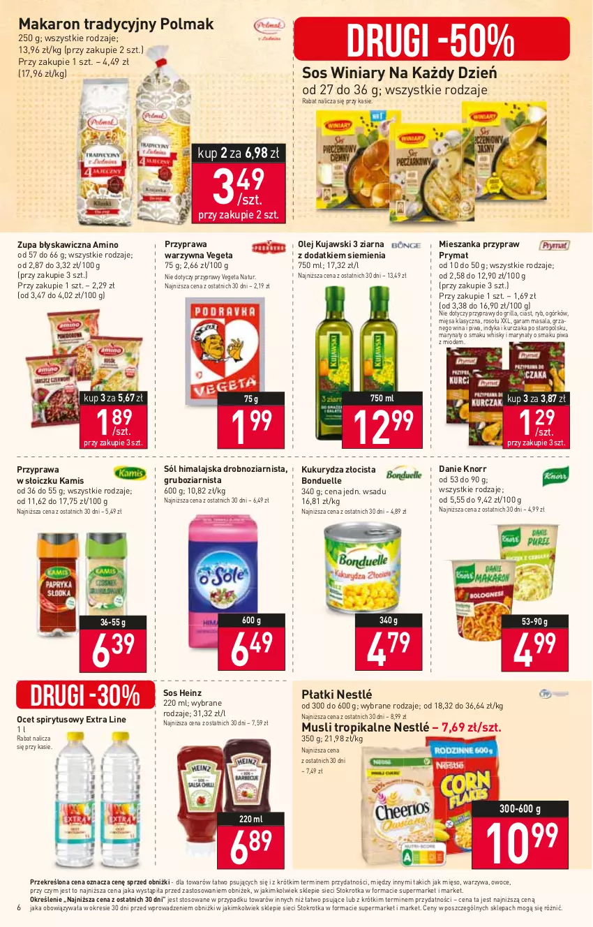 Gazetka promocyjna Stokrotka - Market - ważna 10.08 do 16.08.2023 - strona 6 - produkty: Bonduelle, Grill, Heinz, Kamis, Knorr, Kujawski, Kukurydza, Kurczak, Makaron, Mięso, Mus, Nestlé, Ocet, Olej, Olma, Owoce, Piwa, Prymat, Przyprawy, Sól, Sól himalajska, Sos, Vegeta, Vegeta Natur, Warzywa, Whisky, Winiary, Zupa