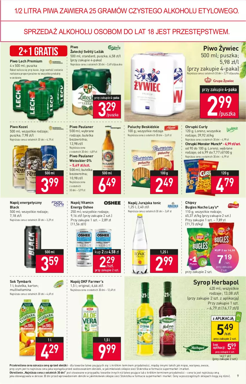 Gazetka promocyjna Stokrotka - Market - ważna 10.08 do 16.08.2023 - strona 9 - produkty: Beskidzki, Chipsy, Chrupki, Fa, Gin, Gra, Herbapol, Kozel, Lack, Lay’s, Lech Premium, Lorenz, Mięso, Monster Munch, Napój, Napój energetyczny, Oshee, Owoce, Piwa, Piwo, Por, Sok, Syrop, Tymbark, Warzywa