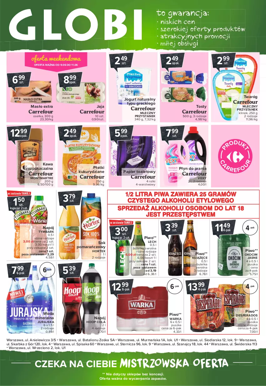 Gazetka promocyjna Carrefour - Gazetka Globi - ważna 05.07 do 12.07.2021 - strona 2 - produkty: Desperados, Gra, Hoop, Hortex, Jaja, Jogurt, Jogurt naturalny, Kawa, Kawa rozpuszczalna, Koc, Kosz, Książęce, Lion, Masło, Montmartre, Napój, Okocim, Papier, Papier toaletowy, Piwa, Piwo, Płyn do prania, Rolki, Sok, Sok pomarańczowy, Twaróg, Tymbark, Warka, Woda, Woda mineralna