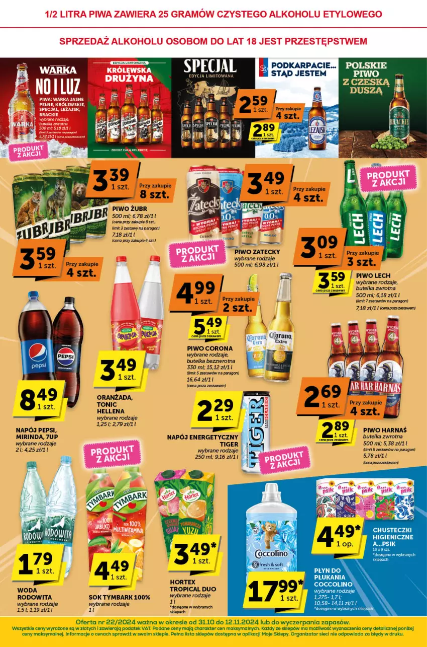 Gazetka promocyjna ABC - ważna 31.10 do 12.11.2024 - strona 8 - produkty: 7up, AEG, Chusteczki, Coccolino, Harnaś, Hellena, Hortex, Karp, Mirinda, Napój, Pepsi, Piwo, Sok, Tiger, Tropical, Tymbark, Woda