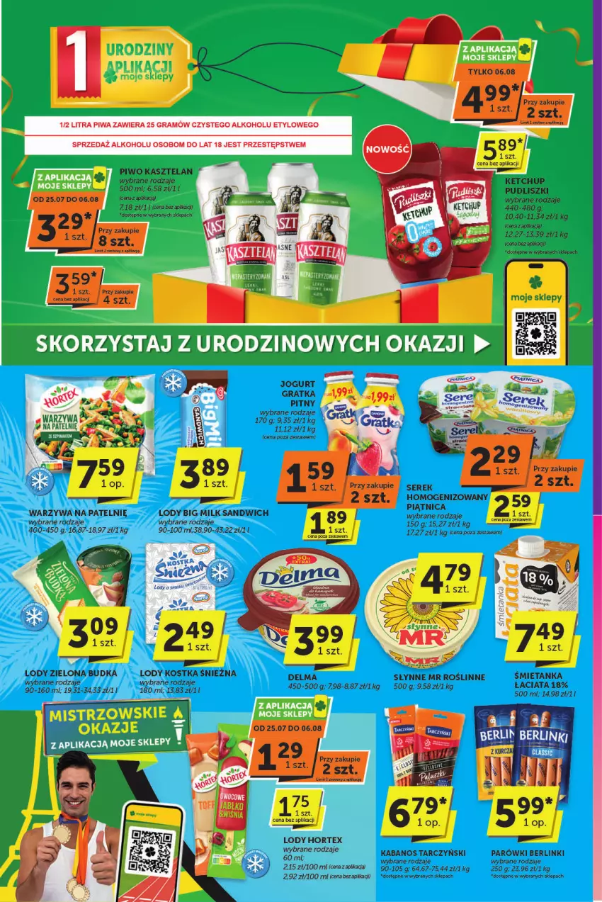 Gazetka promocyjna ABC - ważna 25.07 do 06.08.2024 - strona 2 - produkty: Berlinki, Big Milk, Delma, Gra, Hortex, Jogurt, Kabanos, Kasztelan, Lody, Parówki, Piątnica, Piwa, Piwo, Pudliszki, Ser, Serek, Tarczyński, Warzywa, Zielona Budka