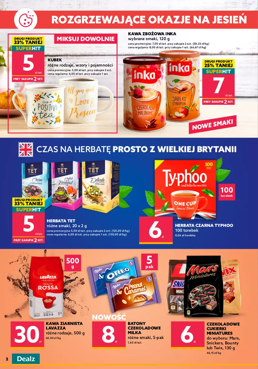 Gazetka promocyjna Dealz - Nowa gazetka Dealz - sprawdź ofertę! - ważna 06.10 do 19.10.2021 - strona 2 - produkty: Baton, Bounty, Cukier, Cukierki, Gnocchi, Herbata, Herbata czarna, Inka, Isana, Kawa, Kawa zbożowa, Kawa ziarnista, Kubek, Lasagne, Lavazza, Makaron, Mars, Milka, Olej, Oliwa z oliwek, Penne, Pomidory, Snickers, Sos, Spaghetti, Stek, Torebka, Twix, Wino