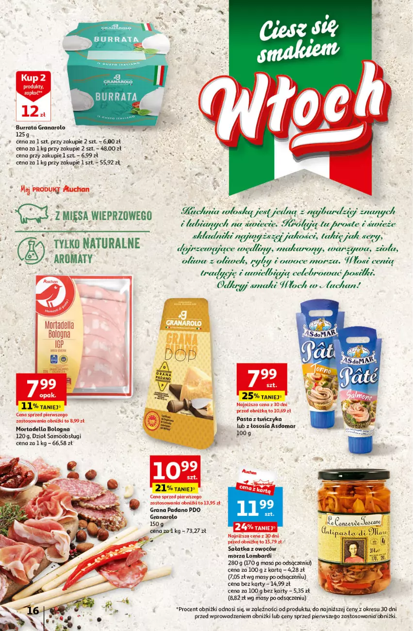 Gazetka promocyjna Auchan - Gazetka Z miłości do okazji Hipermarket Auchan - ważna 08.02 do 14.02.2024 - strona 16 - produkty: Burrata, Dell, Gra, Makaron, Mortadella, Oliwa z oliwek, Owoce, Owoce morza, Sałat, Sałatka, Sos, Tuńczyk, Warzywa