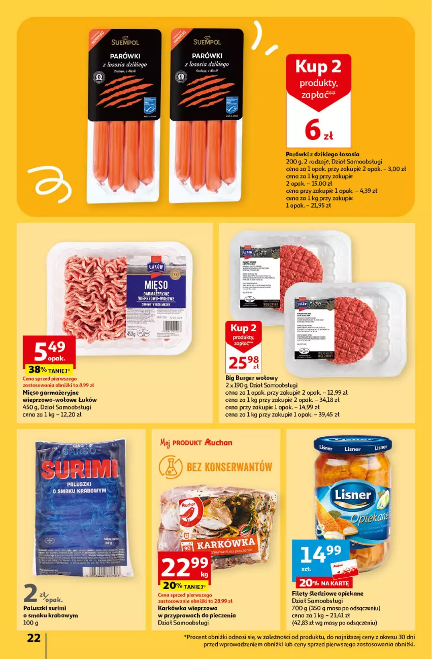 Gazetka promocyjna Auchan - Gazetka Z miłości do okazji Hipermarket Auchan - ważna 08.02 do 14.02.2024 - strona 22 - produkty: Burger, Karkówka wieprzowa, LG, Lisner, Mięso, Mięso garmażeryjne, Parówki, Piec, Sos, Suempol, Surimi