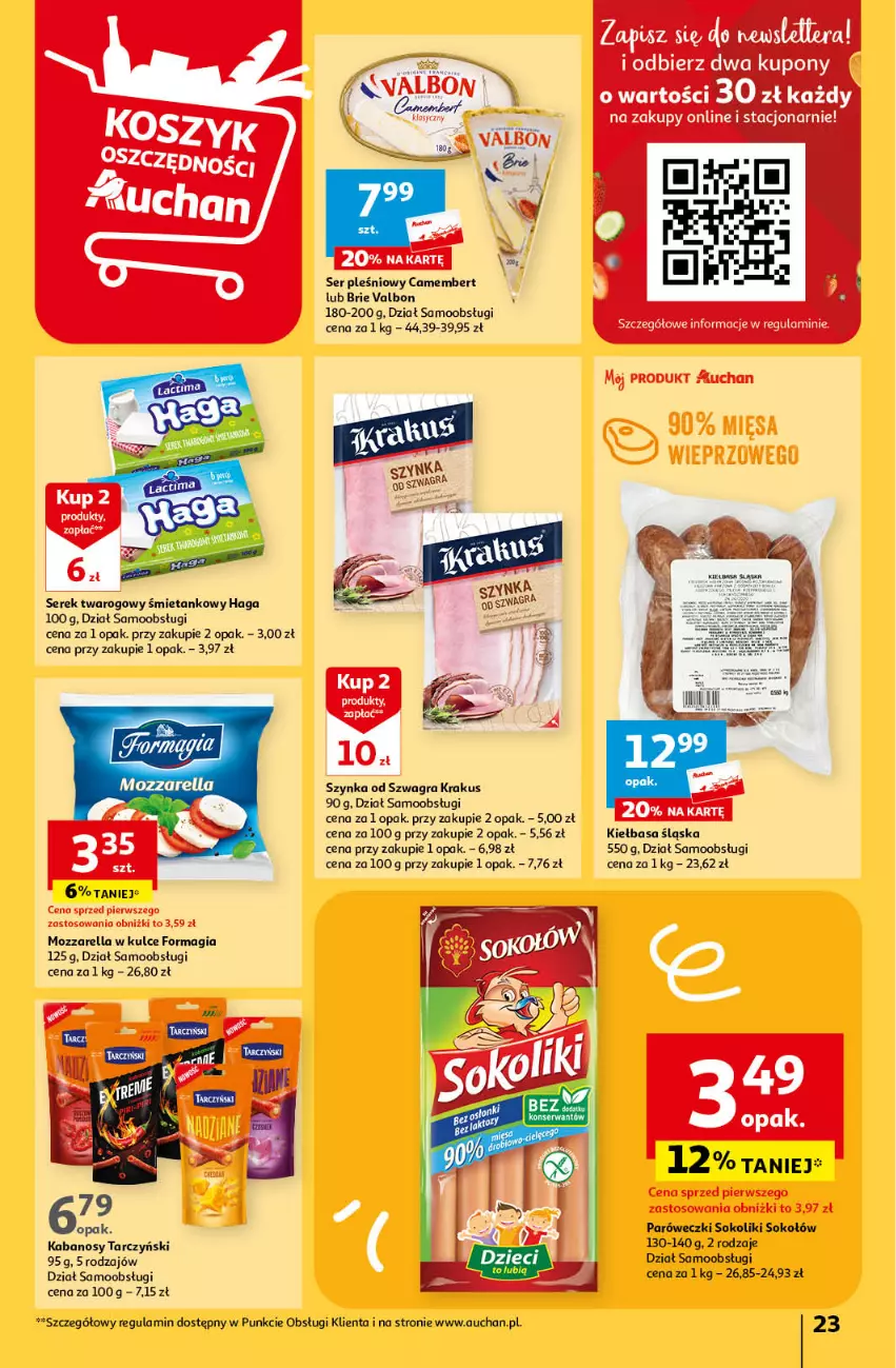 Gazetka promocyjna Auchan - Gazetka Z miłości do okazji Hipermarket Auchan - ważna 08.02 do 14.02.2024 - strona 23 - produkty: Brie, Camembert, Gra, Kabanos, Kiełbasa, Kiełbasa śląska, Krakus, Mozzarella, Ser, Ser pleśniowy, Serek, Serek twarogowy, Sok, Sokołów, Szynka, Tarczyński