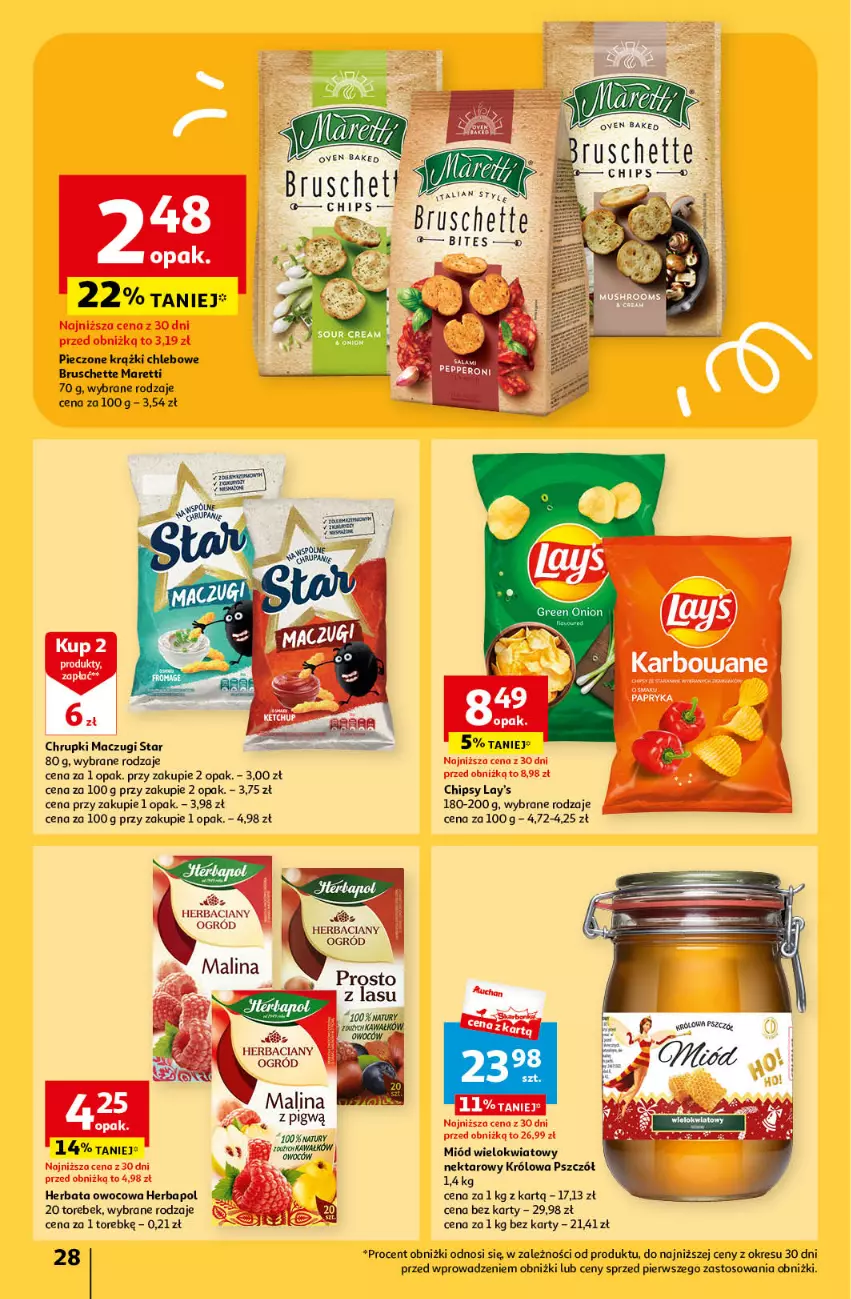 Gazetka promocyjna Auchan - Gazetka Z miłości do okazji Hipermarket Auchan - ważna 08.02 do 14.02.2024 - strona 28 - produkty: Bruschette, Chipsy, Chleb, Chrupki, Herbapol, Herbata, Herbata owocowa, Miód, Nektar, Ogród, Piec