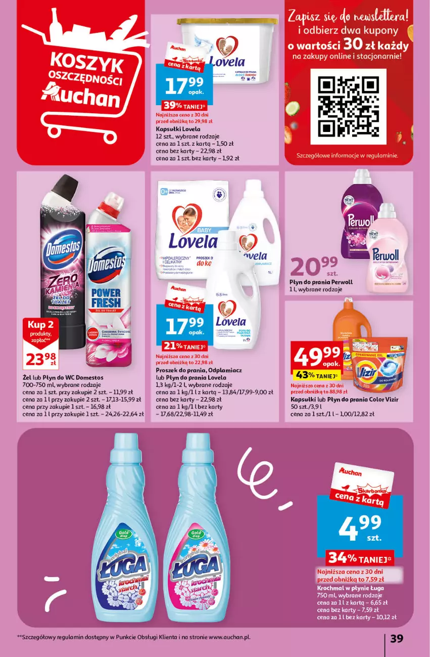 Gazetka promocyjna Auchan - Gazetka Z miłości do okazji Hipermarket Auchan - ważna 08.02 do 14.02.2024 - strona 39 - produkty: Domestos, Lovela, Odplamiacz, Perwoll, Płyn do prania, Płyn do wc, Proszek do prania, Vizir