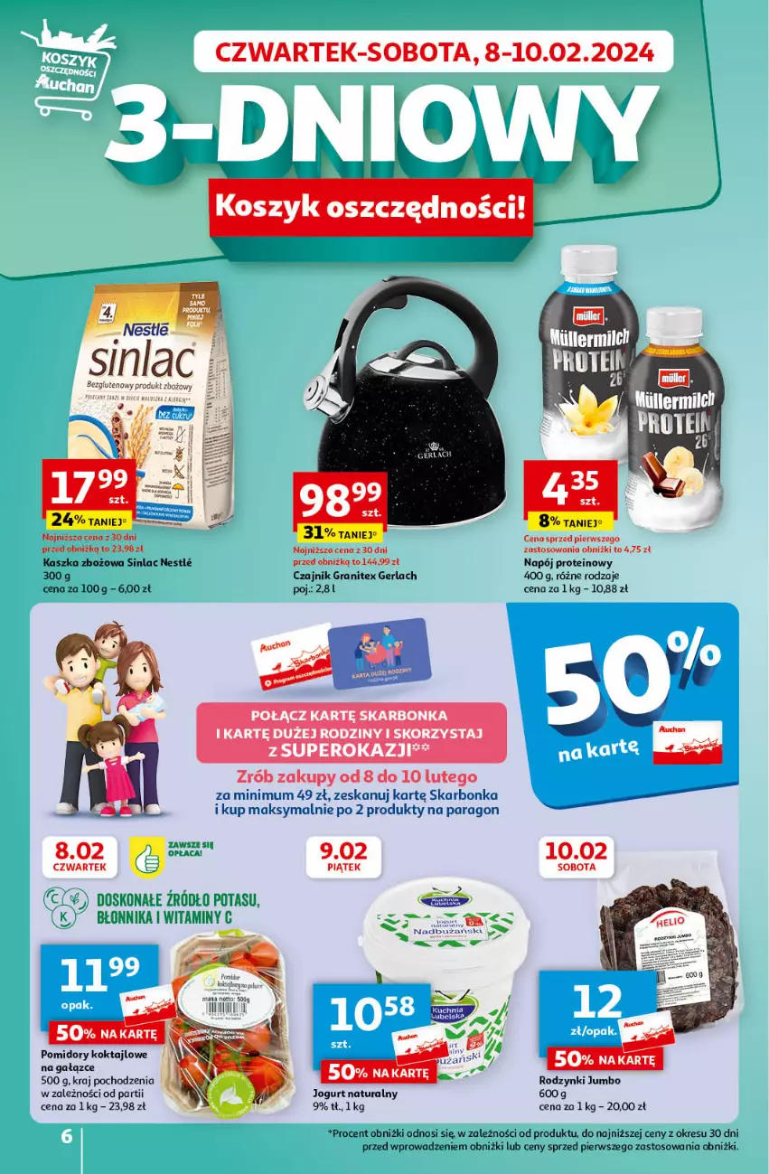 Gazetka promocyjna Auchan - Gazetka Z miłości do okazji Hipermarket Auchan - ważna 08.02 do 14.02.2024 - strona 6 - produkty: Czajnik, Gra, Jogurt, Jogurt naturalny, Kosz, Napój, Pomidory, Rodzynki, Sinlac