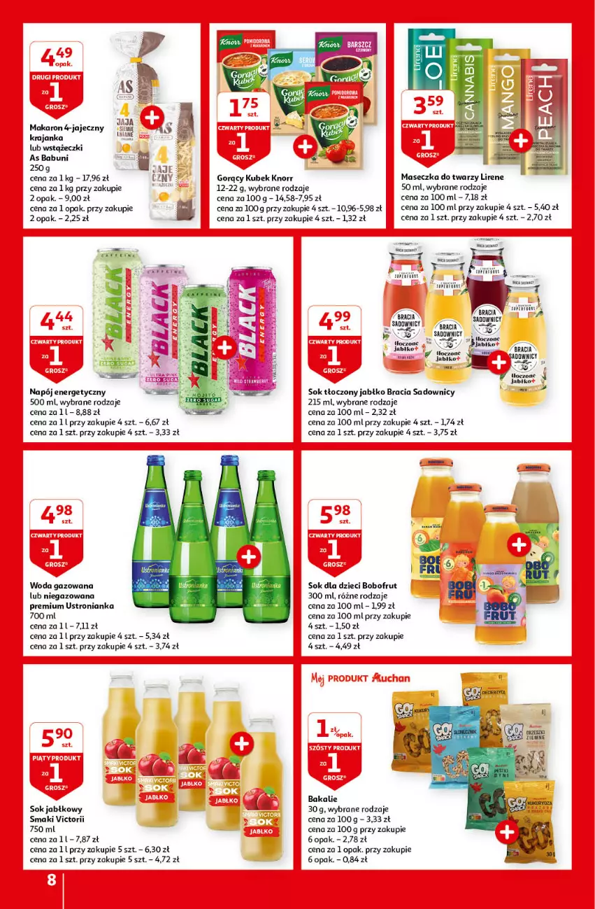 Gazetka promocyjna Auchan - Gazetka Z miłości do okazji Hipermarket Auchan - ważna 08.02 do 14.02.2024 - strona 8 - produkty: Babuni, Bobofrut, Dzieci, Knorr, Kubek, Lirene, Makaron, Napój, Napój energetyczny, Sok, Sok jabłkowy, Woda, Woda gazowana