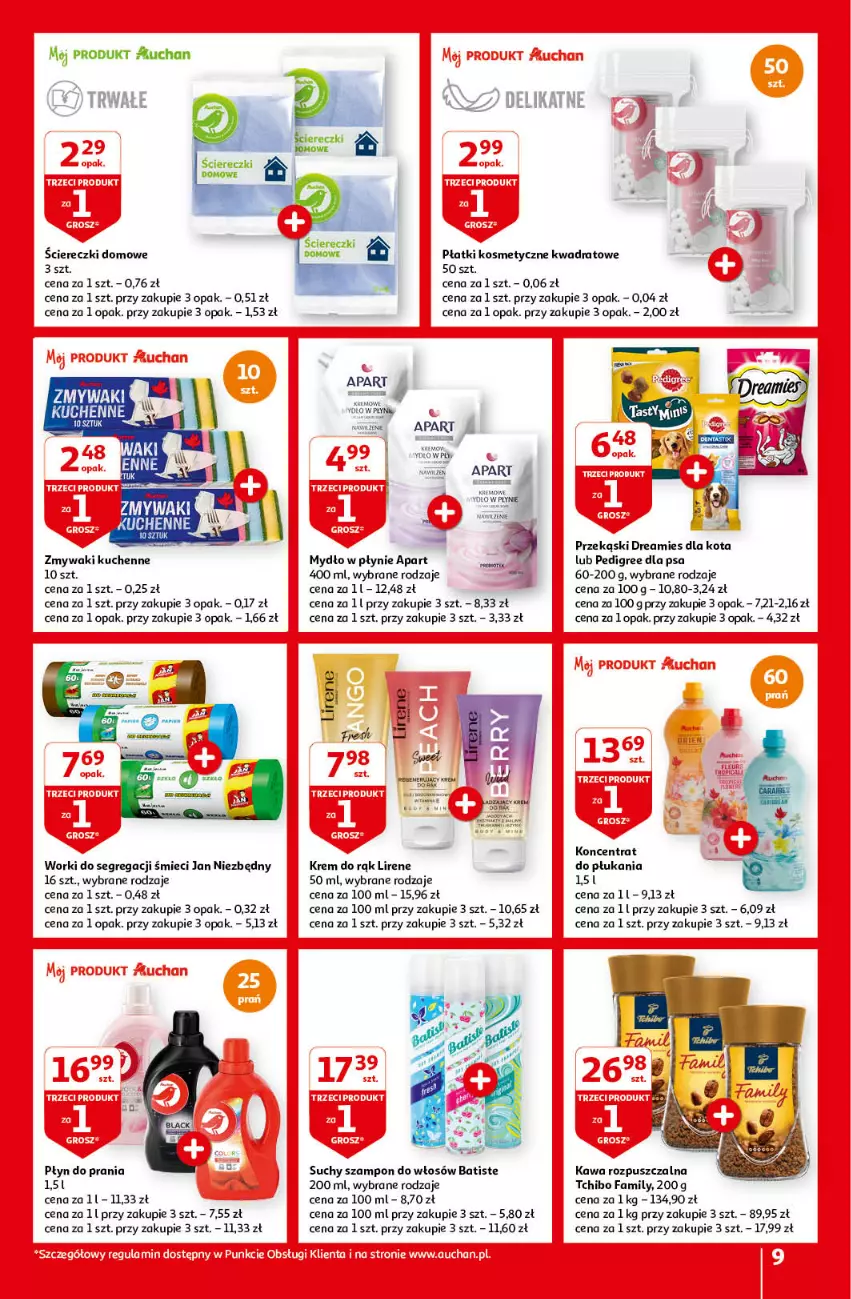 Gazetka promocyjna Auchan - Gazetka Z miłości do okazji Hipermarket Auchan - ważna 08.02 do 14.02.2024 - strona 9 - produkty: Batiste, Fa, Jan Niezbędny, Kawa, Kawa rozpuszczalna, Krem do rąk, Lirene, Mydło, Mydło w płynie, Pedigree, Płatki kosmetyczne, Płyn do prania, Suchy szampon, Szampon, Tchibo, Tchibo Family, Zmywaki kuchenne