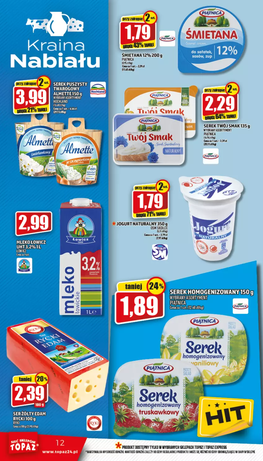 Gazetka promocyjna Topaz - Gazetka - ważna 12.05 do 18.05.2022 - strona 12 - produkty: Edam, Fa, Jogurt, Jogurt naturalny, Piątnica, Ser, Serek, Sok, Top, Twój Smak