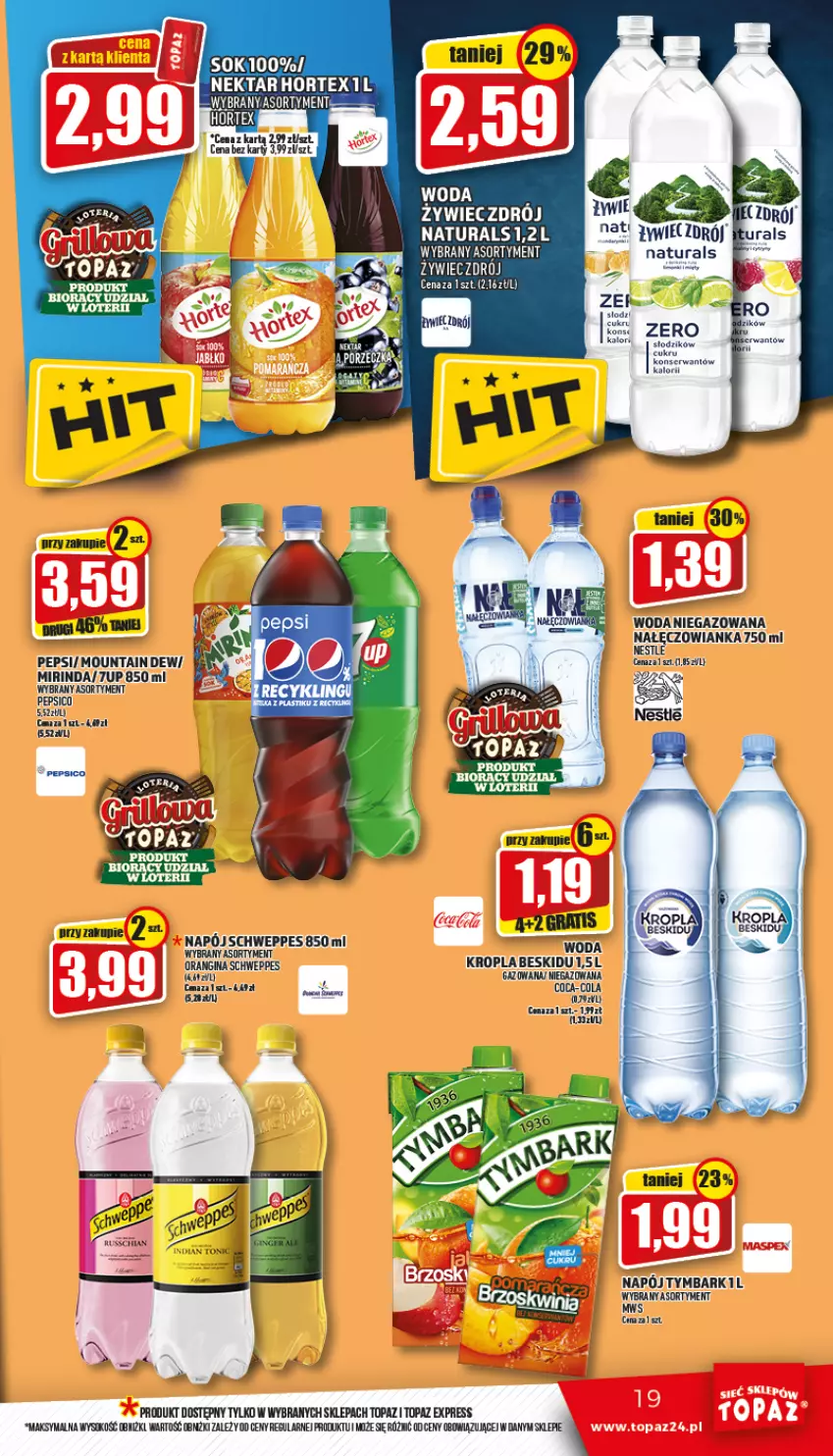 Gazetka promocyjna Topaz - Gazetka - ważna 12.05 do 18.05.2022 - strona 19 - produkty: 7up, Chia, Gin, Gra, Hortex, Mirinda, Nałęczowianka, Napój, Nektar, Pepsi, Por, Schweppes, Ser, Sok, Top, Tymbark, Woda, Woda niegazowana