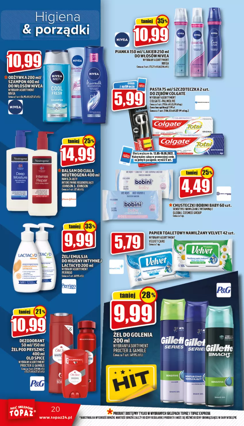 Gazetka promocyjna Topaz - Gazetka - ważna 12.05 do 18.05.2022 - strona 20 - produkty: Balsam do ciała, Chusteczki, Colgate, Lactacyd, Lakier, LG, Mach3, Neutrogena, Nivea, Palmolive, Papier, Papier toaletowy, Por, Ser, Sok, Szampon, Szczoteczka, Top, Velvet