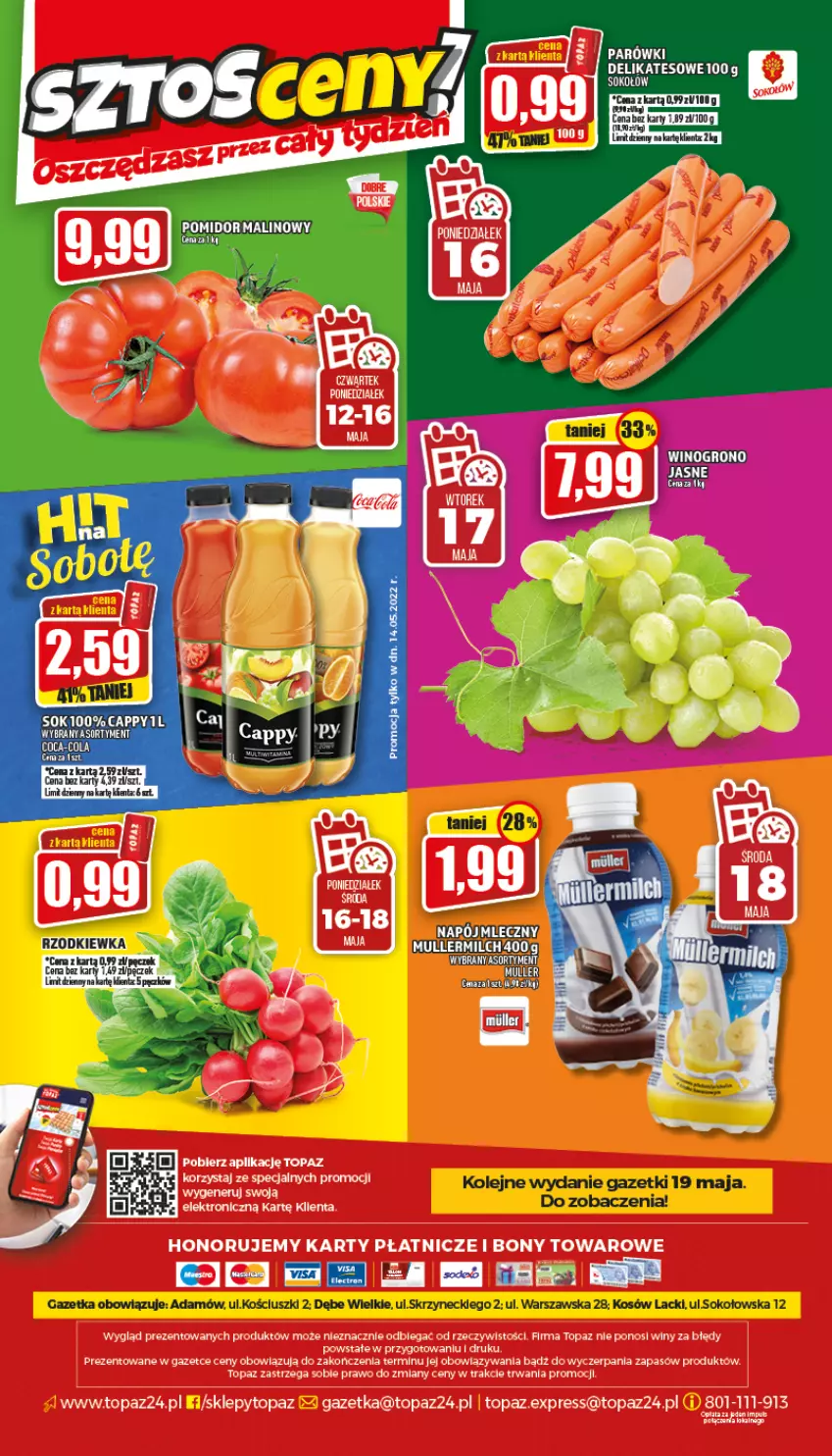 Gazetka promocyjna Topaz - Gazetka - ważna 12.05 do 18.05.2022 - strona 24 - produkty: Cappy, Coca-Cola, Lack, Olej, Pomidor malinowy, Rzodkiewka, Sok, Sokołów