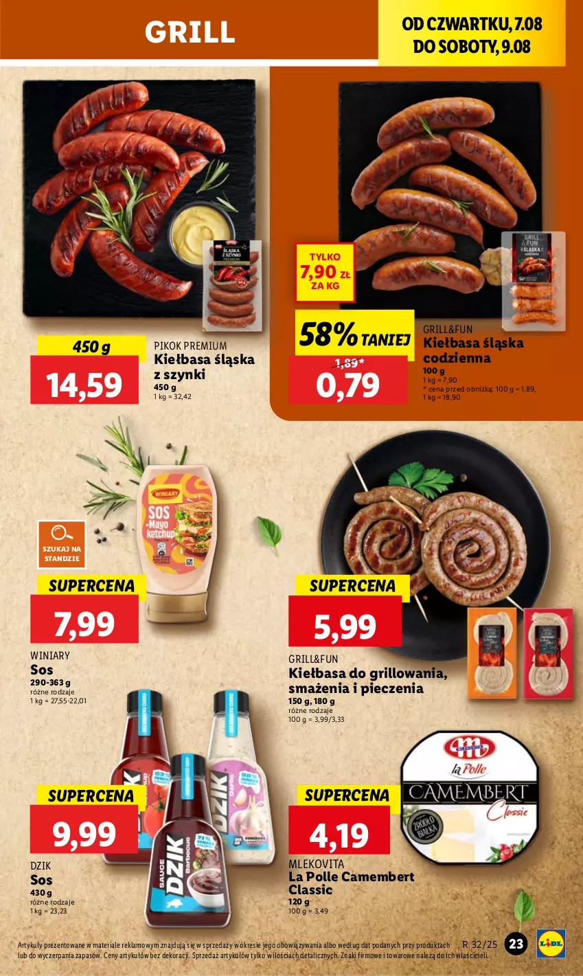 Gazetka promocyjna Lidl - GAZETKA - ważna 07.08 do 09.08.2025 - strona 27 - produkty: Camembert, Grill, Kiełbasa, Kiełbasa śląska, Mleko, Mlekovita, Piec, PIKOK, Sos, Winiary