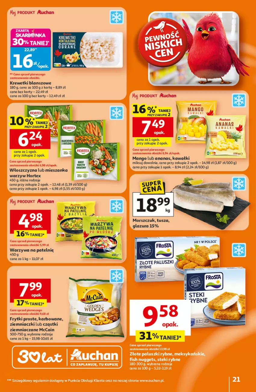 Gazetka promocyjna Auchan - Gazetka 30 Lat Hipermarket Auchan - ważna 26.02 do 04.03.2026 - strona 21 - produkty: Ananas, Bazyl, Frytki, Glazura, Hortex, Kawa, Krewetki, Lazur, Mango, McCain, Mieszanka warzyw, Tusz, Warzywa