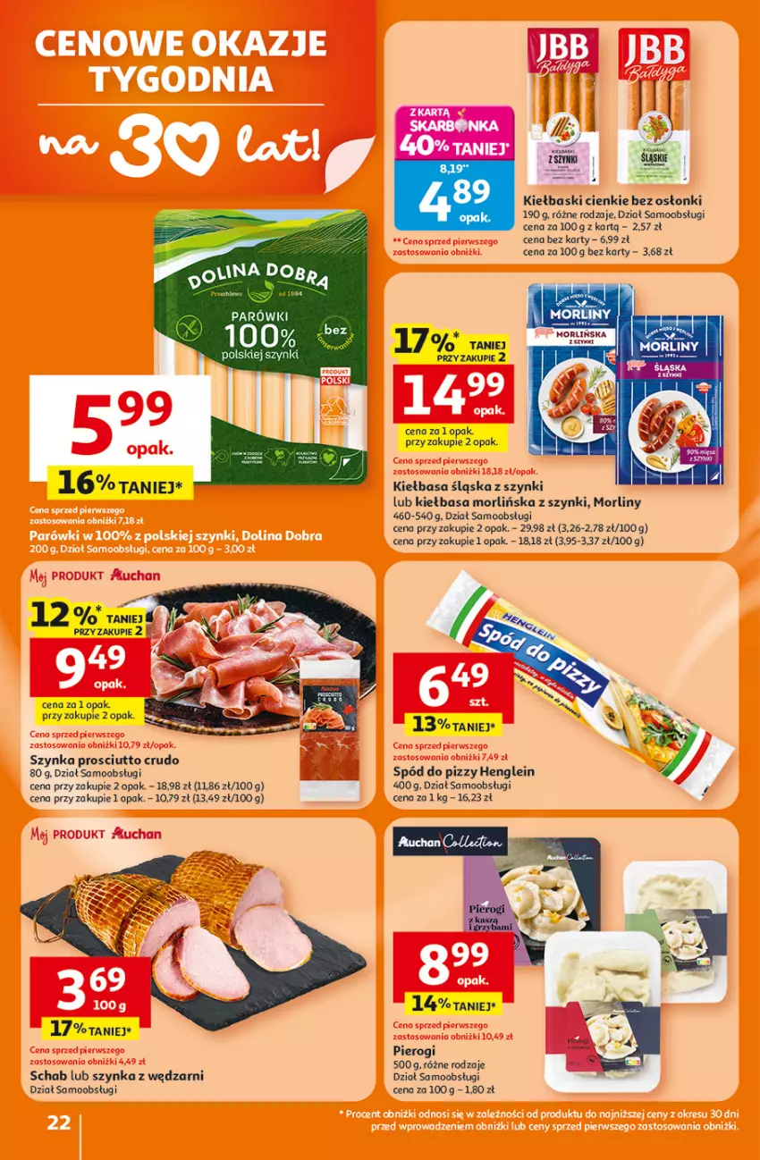 Gazetka promocyjna Auchan - Gazetka 30 Lat Hipermarket Auchan - ważna 26.02 do 04.03.2026 - strona 22 - produkty: Kiełbasa, Kiełbasa śląska, Morliny, Pierogi, Prosciutto, Spód do pizzy, Szynka