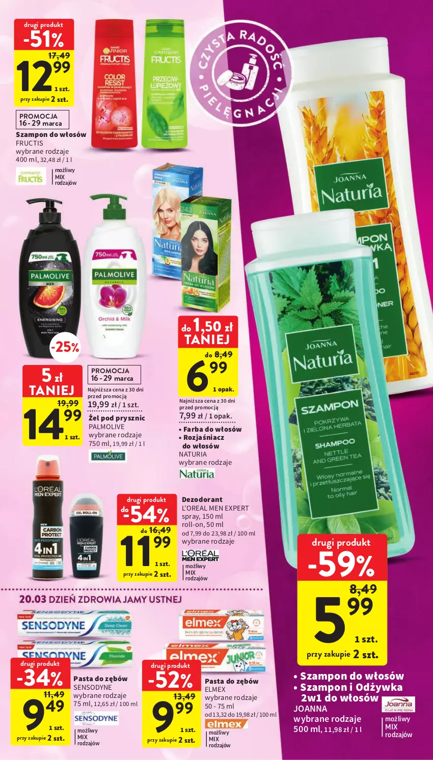 Gazetka promocyjna Intermarche - Gazetka Intermarche - ważna 16.03 do 22.03.2023 - strona 39 - produkty: Dezodorant, Elmex, Fa, Farba do włosów, Fructis, Joanna, Odżywka, Palmolive, Pasta do zębów, Sensodyne, Szampon