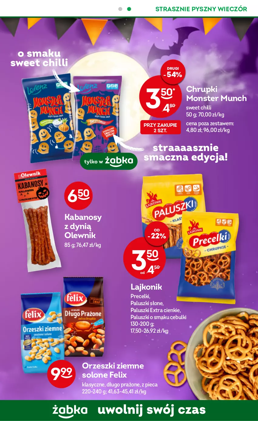 Gazetka promocyjna Żabka - ważna 26.10 do 01.11.2022 - strona 17 - produkty: Chrupki, Dynią, Felix, Kabanos, Lajkonik, Monster Munch, Olewnik, Orzeszki, Orzeszki ziemne, Piec, Precelki