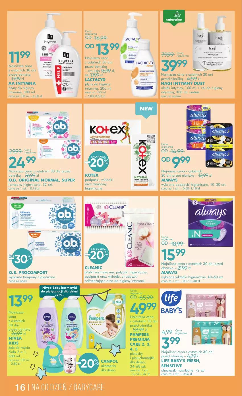 Gazetka promocyjna Super Pharm - Gazetka - ważna 04.06 do 17.06.2025 - strona 16 - produkty: Always, Canpol, Chusteczki, Cleanic, Dzieci, Emulsja, Gin, Kosmetyki do pielęgnacji, Lactacyd, Majtki, Nivea, Nivea Baby, O.B., Olej, Pampers, Pieluchomajtki, Pieluchy, Płatki kosmetyczne, Podpaski, Tampony, Wkładki