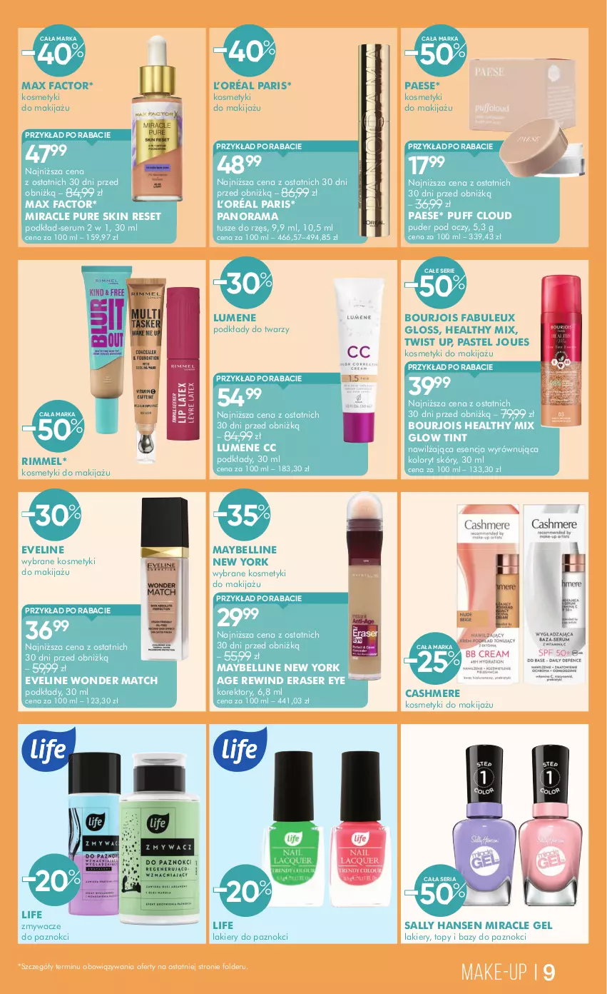 Gazetka promocyjna Super Pharm - Gazetka - ważna 04.06 do 17.06.2025 - strona 9 - produkty: Bell, Bourjois, Eveline, Fa, L’Oréal, Lakier, Makijaż, Max Factor, Maybelline, PAESE, Podkład, Puder, Puf, Pur, Pure Skin, Rama, Rum, Sally Hansen, Ser, Serum, Top, Tusz
