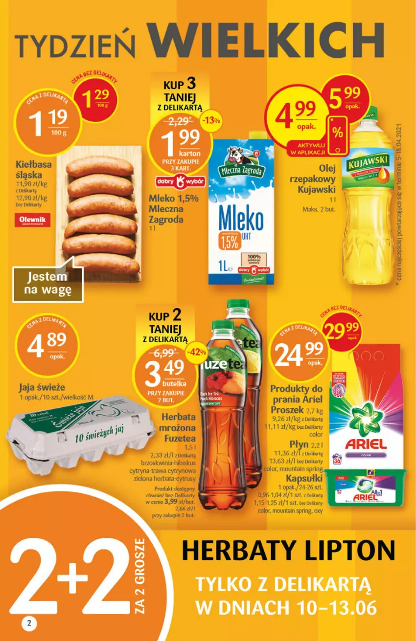 Gazetka promocyjna Delikatesy Centrum - ważna 10.06 do 16.06.2021 - strona 2 - produkty: Ariel, Fa, Herbata, Hibiskus, Jaja, Kujawski, Lipton, Mleko, Olej, Olewnik