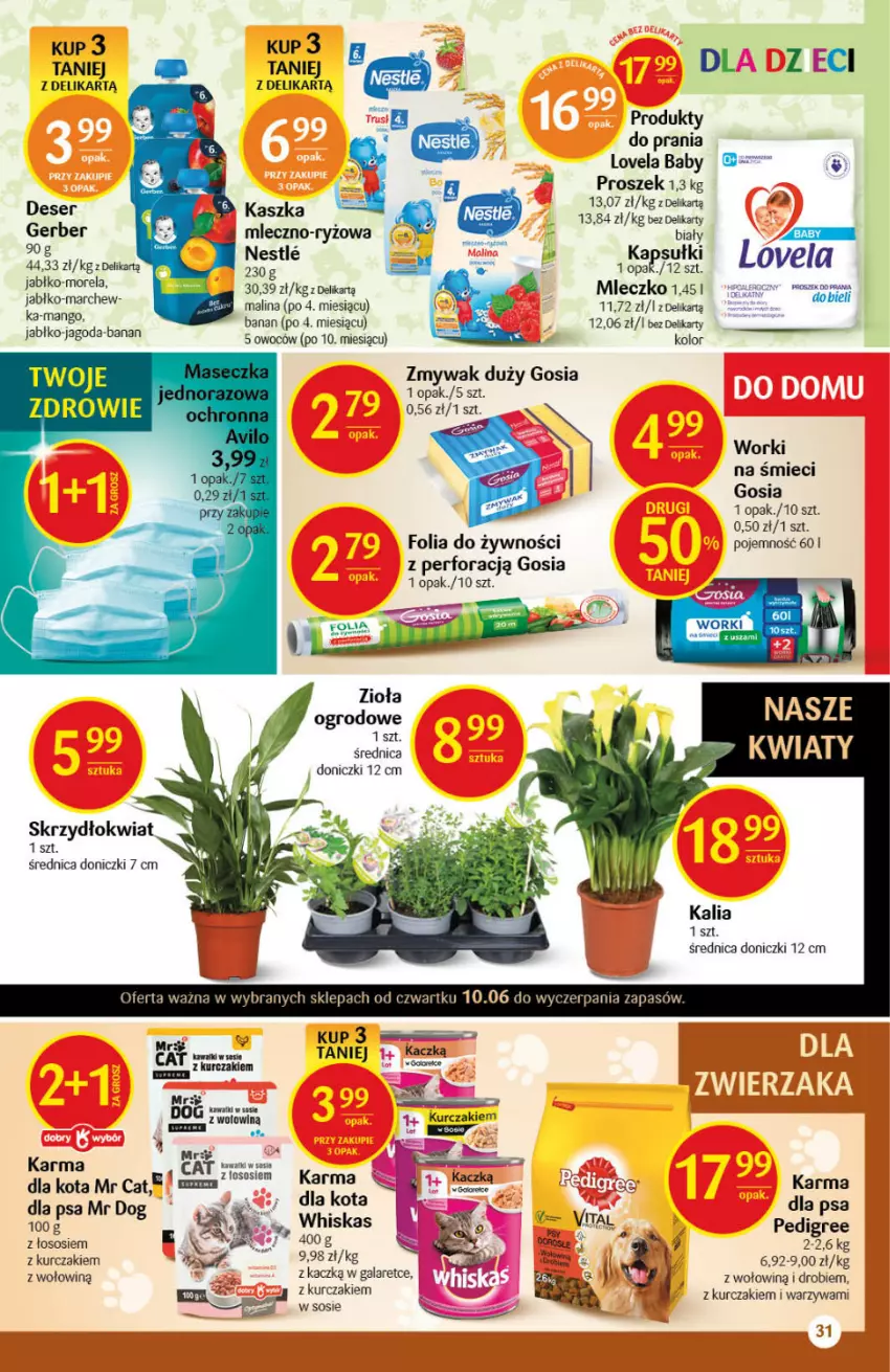 Gazetka promocyjna Delikatesy Centrum - ważna 10.06 do 16.06.2021 - strona 31 - produkty: Deser, Gala, Gerber, Kurczak, Lovela, Mango, Mleczko, Morela, Pedigree, Ser, Sos, Warzywa, Whiskas, Worki na śmiec, Worki na śmieci, Zdrowie