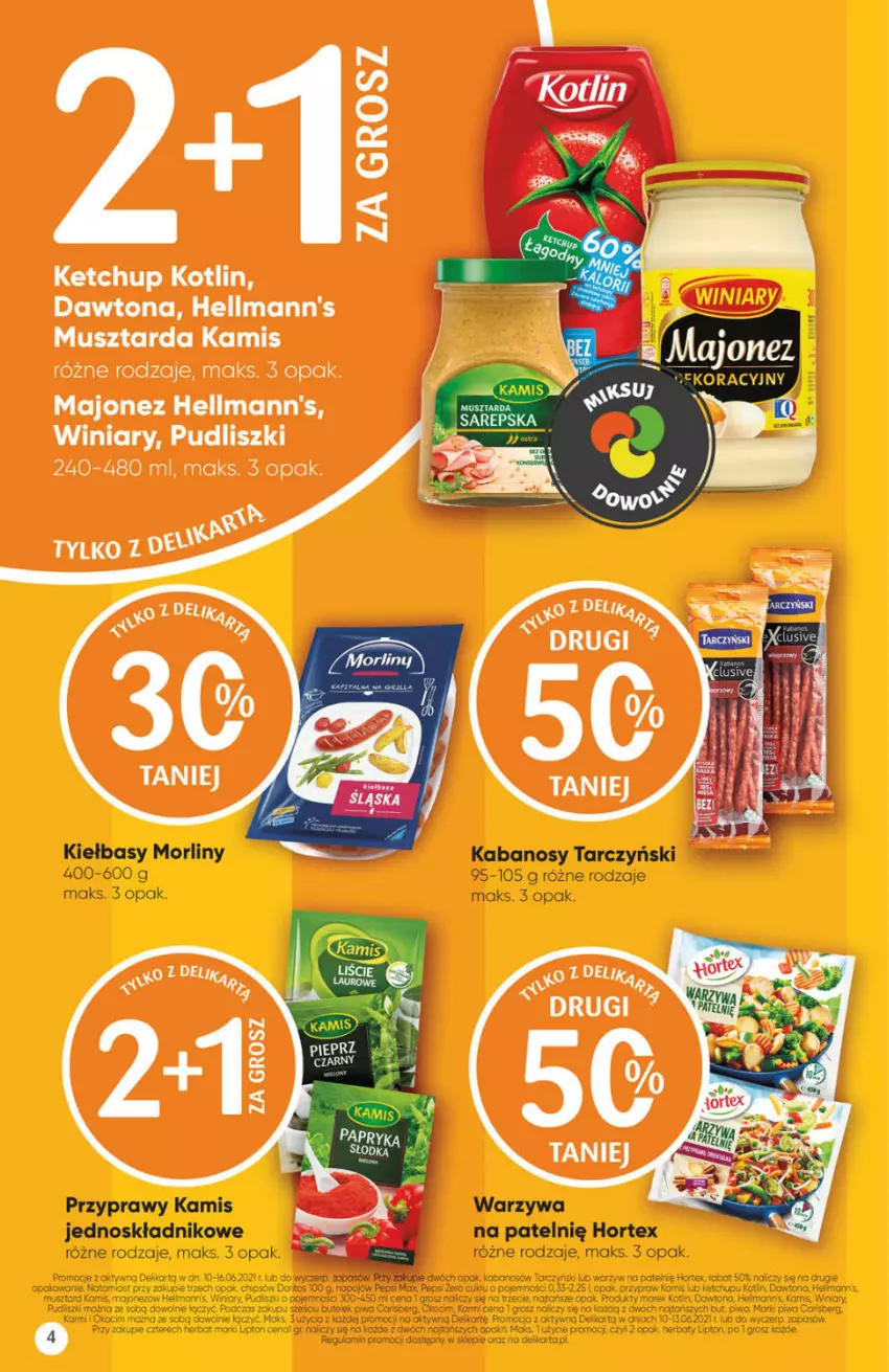 Gazetka promocyjna Delikatesy Centrum - ważna 10.06 do 16.06.2021 - strona 4 - produkty: Dawtona, Hortex, Kabanos, Kamis, Ketchup, Kotlin, Majonez, Morliny, Mus, Musztarda, Przyprawy, Pudliszki, Tarczyński, Winiary