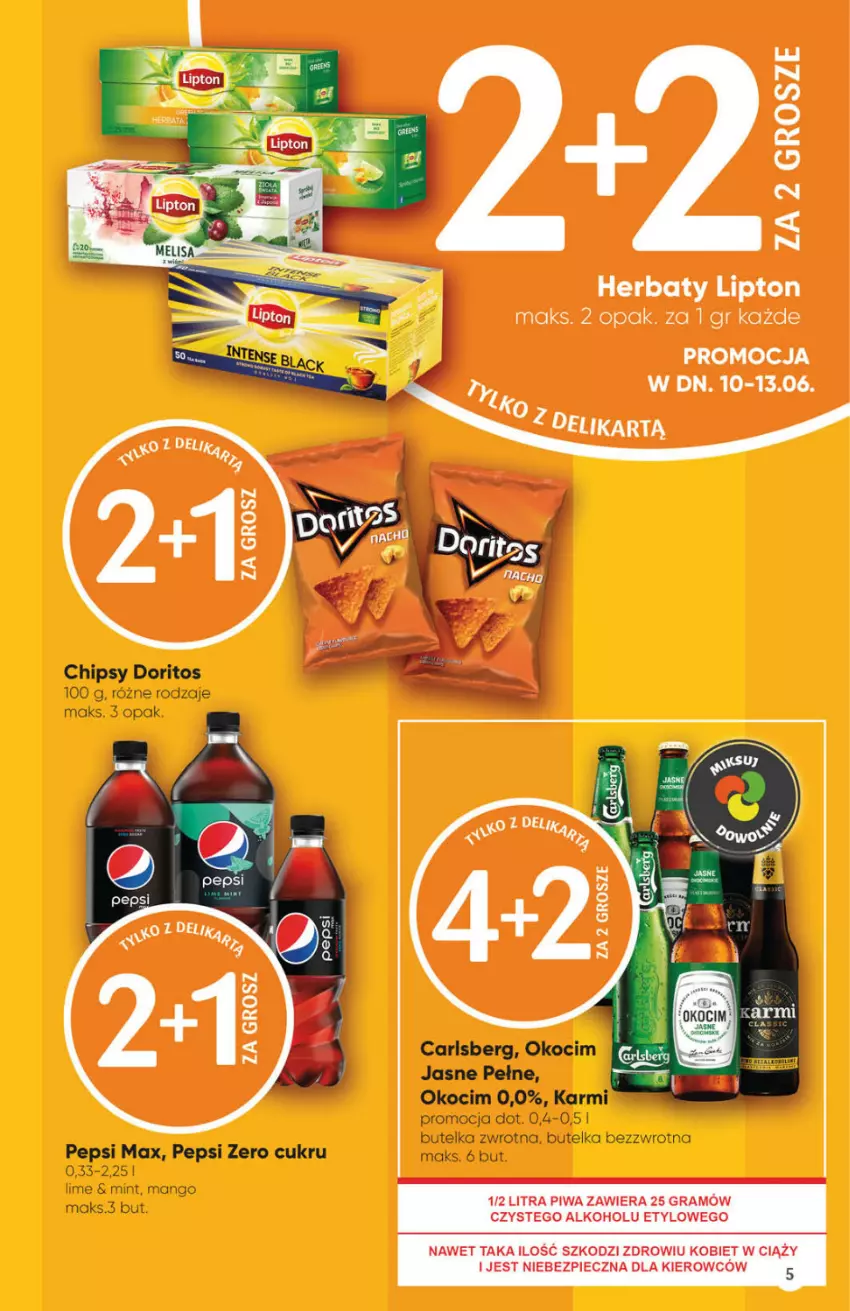 Gazetka promocyjna Delikatesy Centrum - ważna 10.06 do 16.06.2021 - strona 5 - produkty: Carlsberg, Chipsy, Gra, Karmi, Koc, Lipton, Mango, Okocim, Pepsi, Pepsi max, Piec, Piwa