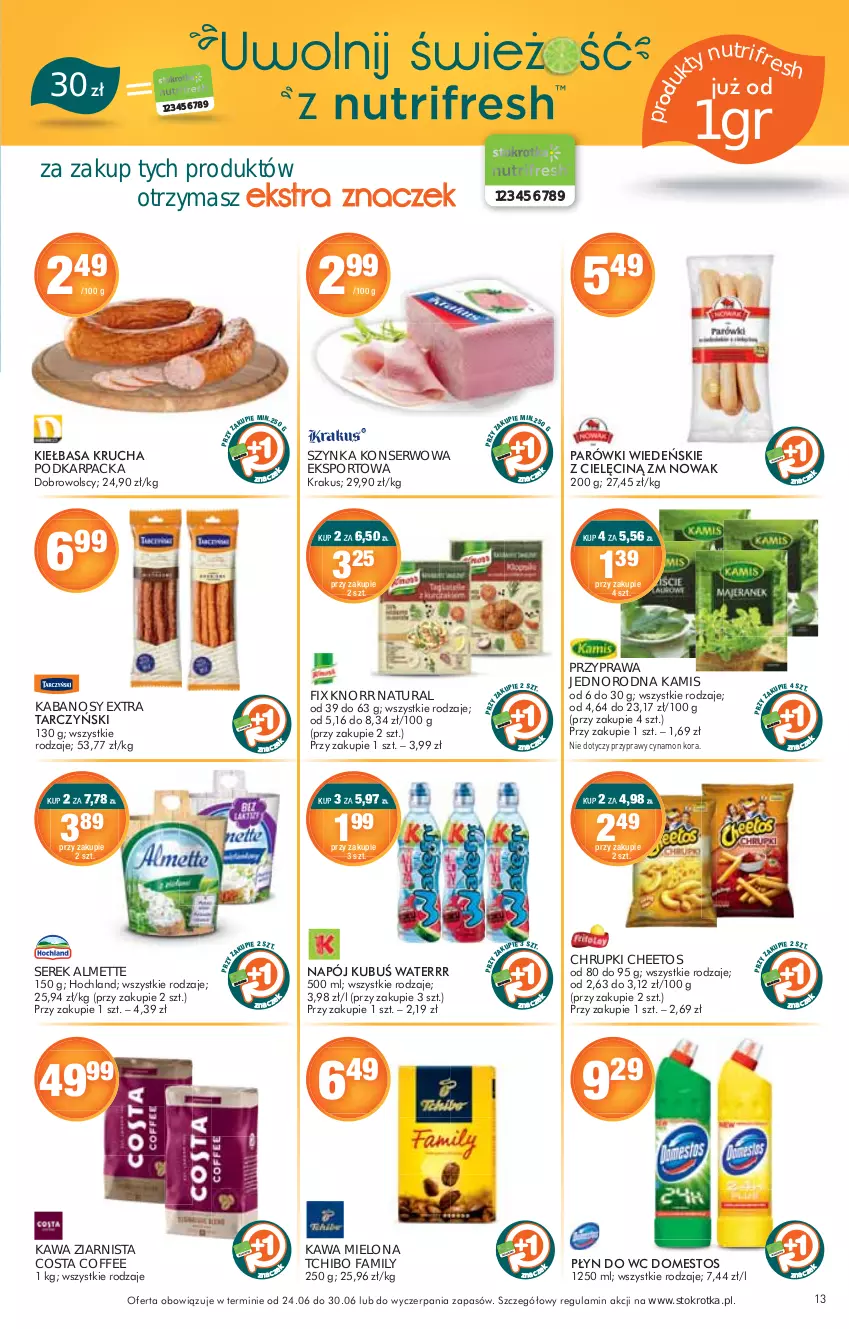 Gazetka promocyjna Stokrotka - Supermarket - ważna 24.06 do 30.06.2021 - strona 13 - produkty: Almette, Cheetos, Chrupki, Fa, Kabanos, Kamis, Karp, Kawa, Kawa mielona, Kawa ziarnista, Knorr, Por, Przyprawy, Ser, Serek, Sport, Szynka, Szynka konserwowa, Tchibo, Tchibo Family