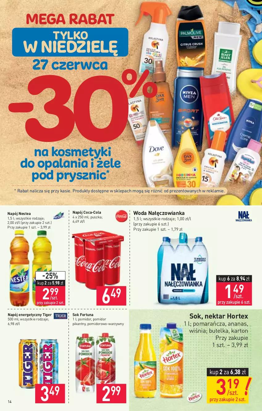 Gazetka promocyjna Stokrotka - Supermarket - ważna 24.06 do 30.06.2021 - strona 14 - produkty: Ananas, Coca-Cola, Fortuna, Hortex, Nałęczowianka, Napój, Napój energetyczny, Nektar, Nestea, Sok, Tiger, Woda