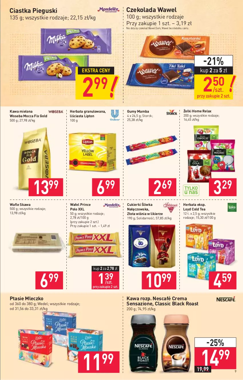 Gazetka promocyjna Stokrotka - Supermarket - ważna 24.06 do 30.06.2021 - strona 9 - produkty: Ciastka, Cukier, Cukierki, Czekolada, Gra, Herbata, Kawa, Kawa mielona, Lack, Likier, Lipton, Loyd, Mamba, Mleczko, Mocca Fix Gold, Nescafé, Prince Polo, Ptasie mleczko, Wafle, Wawel, Woseba