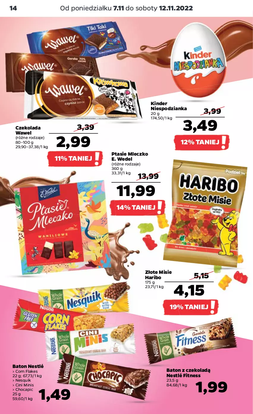 Gazetka promocyjna Netto - Artykuły spożywcze - ważna 07.11 do 12.11.2022 - strona 14 - produkty: Baton, Cini Minis, Corn flakes, Czekolada, E. Wedel, Haribo, Kinder, Mleczko, Nesquik, Nestlé, Ptasie mleczko, Wawel