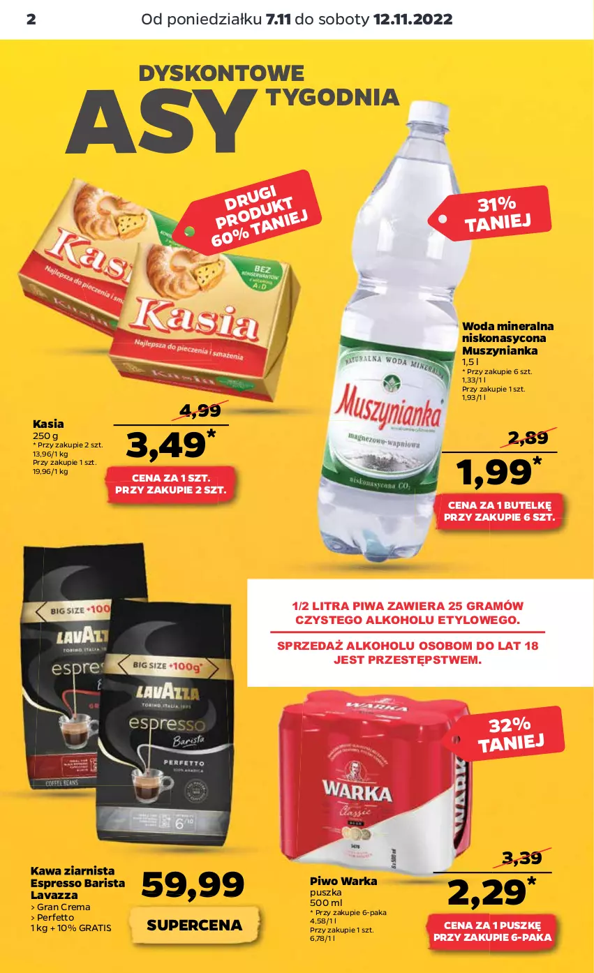 Gazetka promocyjna Netto - Artykuły spożywcze - ważna 07.11 do 12.11.2022 - strona 2 - produkty: Gra, Kasia, Kawa, Kawa ziarnista, Lavazza, Mus, Muszynianka, Piwa, Piwo, Warka, Woda, Woda mineralna