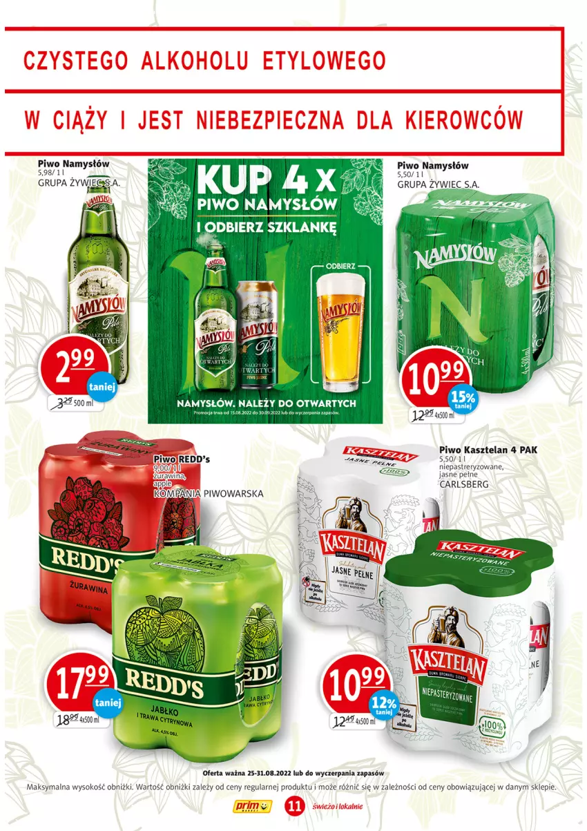 Gazetka promocyjna Prim Market - ważna 25.08 do 31.08.2022 - strona 11 - produkty: Carlsberg, Kasztelan, Namysłów, Piwo, Redd's, Sok