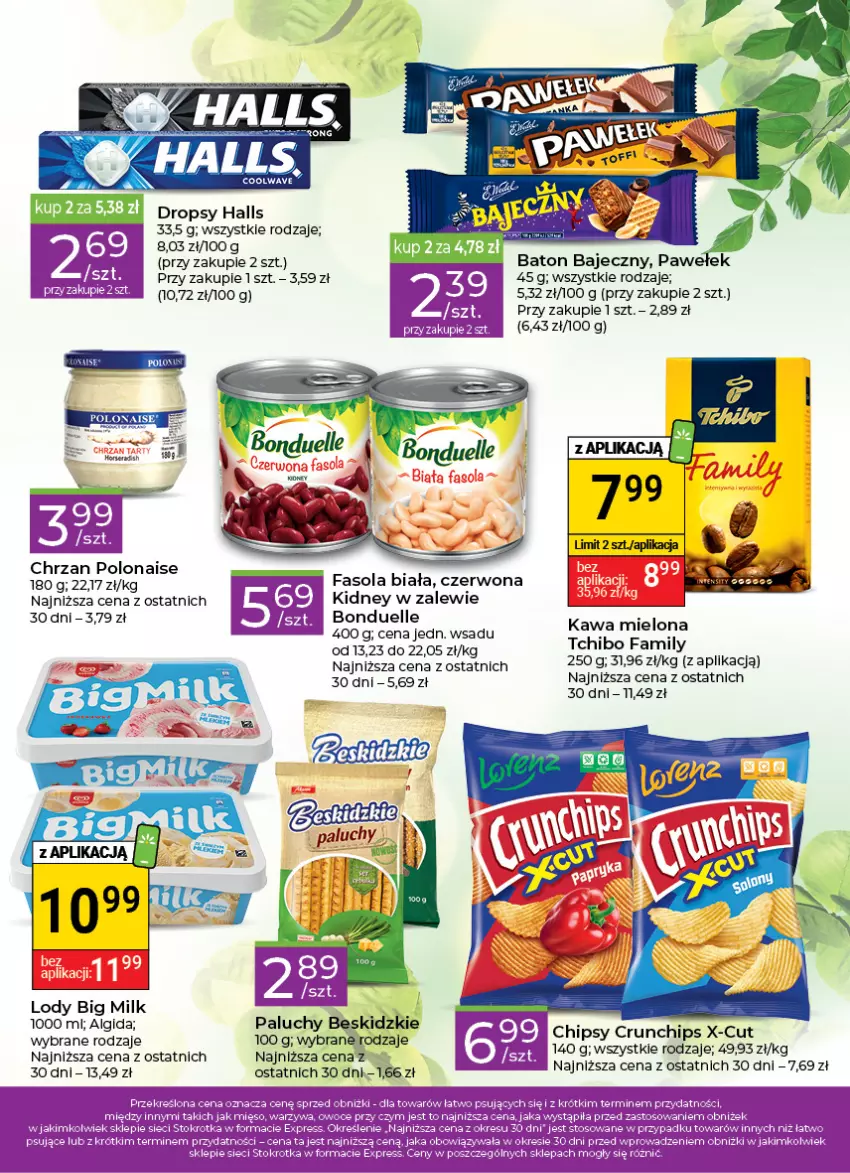 Gazetka promocyjna Stokrotka - Stokrotka Express - ważna 16.03 do 22.03.2023 - strona 3 - produkty: Baton, Beskidzki, Big Milk, Bonduelle, Chipsy, Chrzan, Crunchips, Fa, Fasola, Halls, Kawa, Kawa mielona, LG, Lody, Tchibo, Tchibo Family