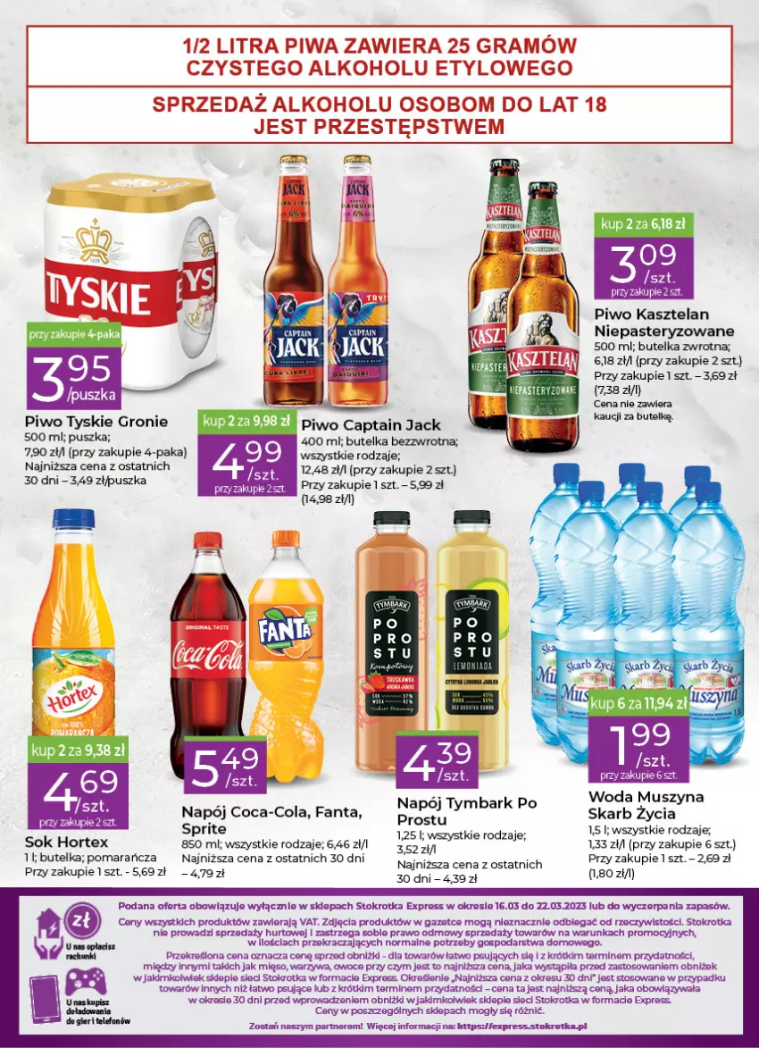 Gazetka promocyjna Stokrotka - Stokrotka Express - ważna 16.03 do 22.03.2023 - strona 4 - produkty: Coca-Cola, Fa, Fanta, Gra, Hortex, Kasztelan, Mięso, Mus, Napój, Owoce, Piwa, Piwo, Sok, Sprite, Szyna, Telefon, Tymbark, Tyskie, Warzywa, Woda