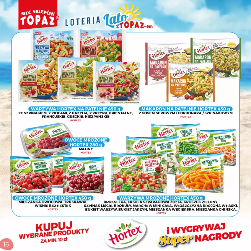 Gazetka promocyjna Topaz - Gazetka - ważna 05.07 do 05.09.2021 - strona 16 - produkty: Bazyl, Brokuły, Brukselka, Bukiet, Bukiet warzyw, Fa, Fasola, Fasola szparagowa, Groszek, Gry, Hortex, Makaron, Owoce, Ser, Sos, Spaghetti, Stek, Szpinak, Truskawki, Warzywa, Wisnie