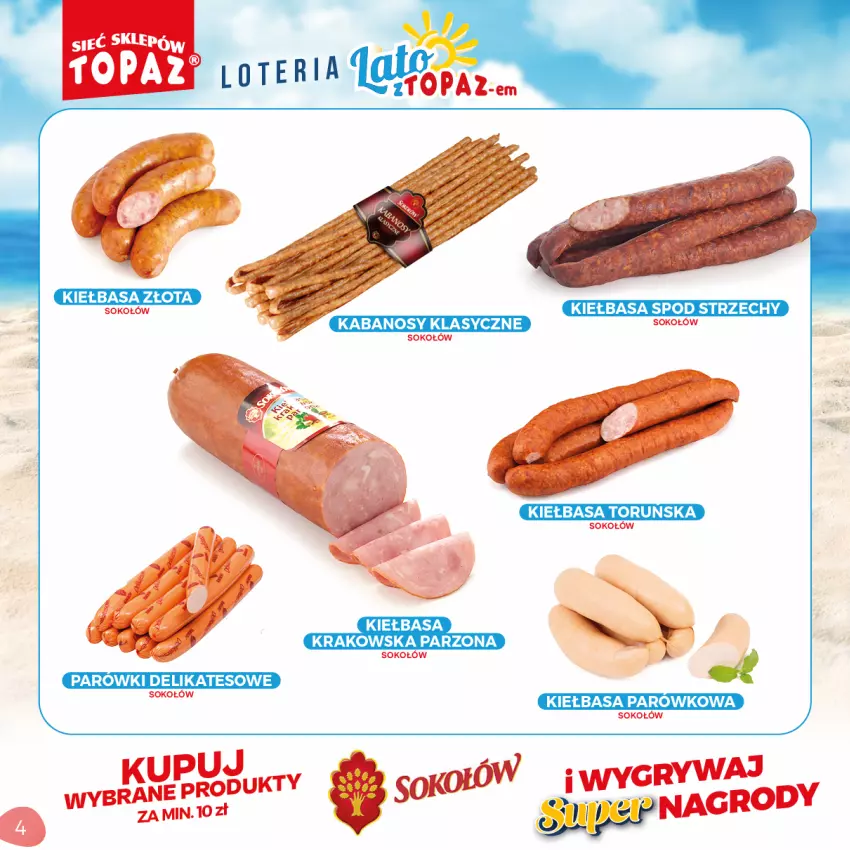 Gazetka promocyjna Topaz - Gazetka - ważna 05.07 do 05.09.2021 - strona 4 - produkty: Gry, Kabanos, Kiełbasa, Kiełbasa krakowska, Sok, Sokołów