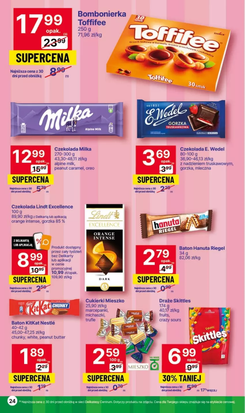 Gazetka promocyjna Delikatesy Centrum - Gazetka DC43 czw-sr - ważna 02.11 do 08.11.2023 - strona 24 - produkty: Baton, Cukier, Cukierki, Czekolada, E. Wedel, Lindt, Milka, Oreo, Toffifee