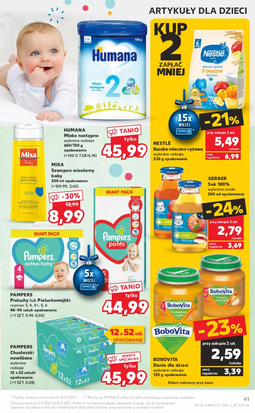 Gazetka promocyjna Kaufland - OFERTA TYGODNIA - ważna 02.12 do 08.12.2021 - strona 41 - produkty: BoboVita, Chusteczki, Danie dla dzieci, Dzieci, Gerber, Humana, Majtki, Mixa, Mleko, Nestlé, O nas, Pampers, Pieluchomajtki, Pieluchy, Ryż, Sok, Szampon